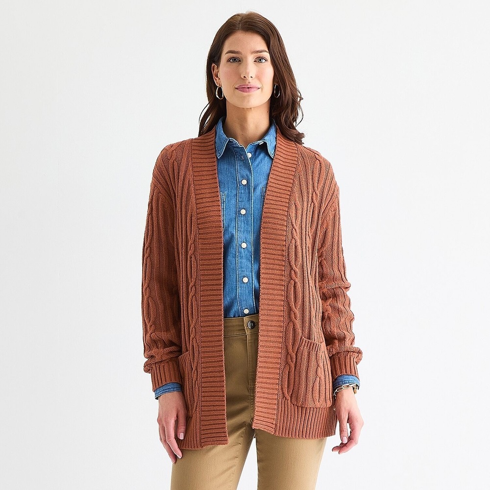 MSRP $50 St. John's Bay Women's M Tall Aurora Brown Open Front Cardigan Long